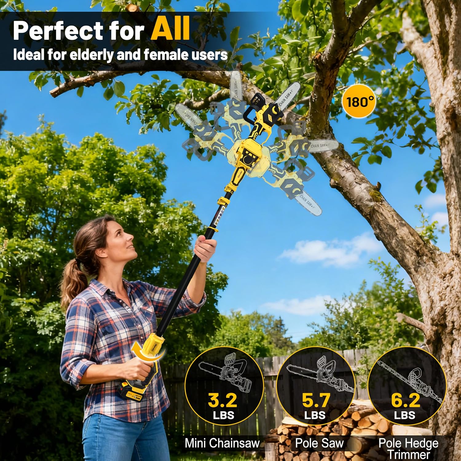 8'/ 10' Cordless Pole Saw + 20' Pole Hedge Trimmer Combo (Great for Pruning and Trimming Branches/Shrubs), Mini Chainsaw & Hedge Trimmer with Telescopic Pole, 15ft MAX Reach, 2 Pcs 3.0Ah Batteries