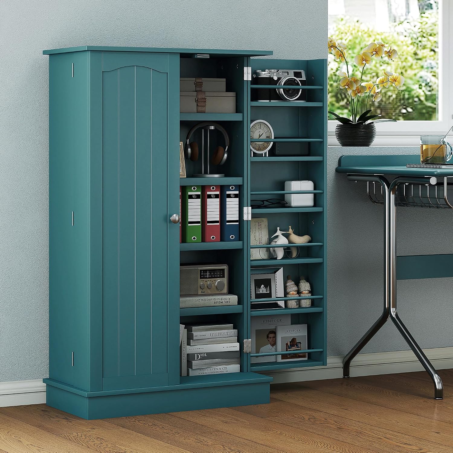 HOMCOM 41' Kitchen Pantry Storage Cabinet, Freestanding Kitchen Cabinet with 12 Door Shelves, Double Doors, 5-Tier Shelving and Adjustable Shelves, Blue