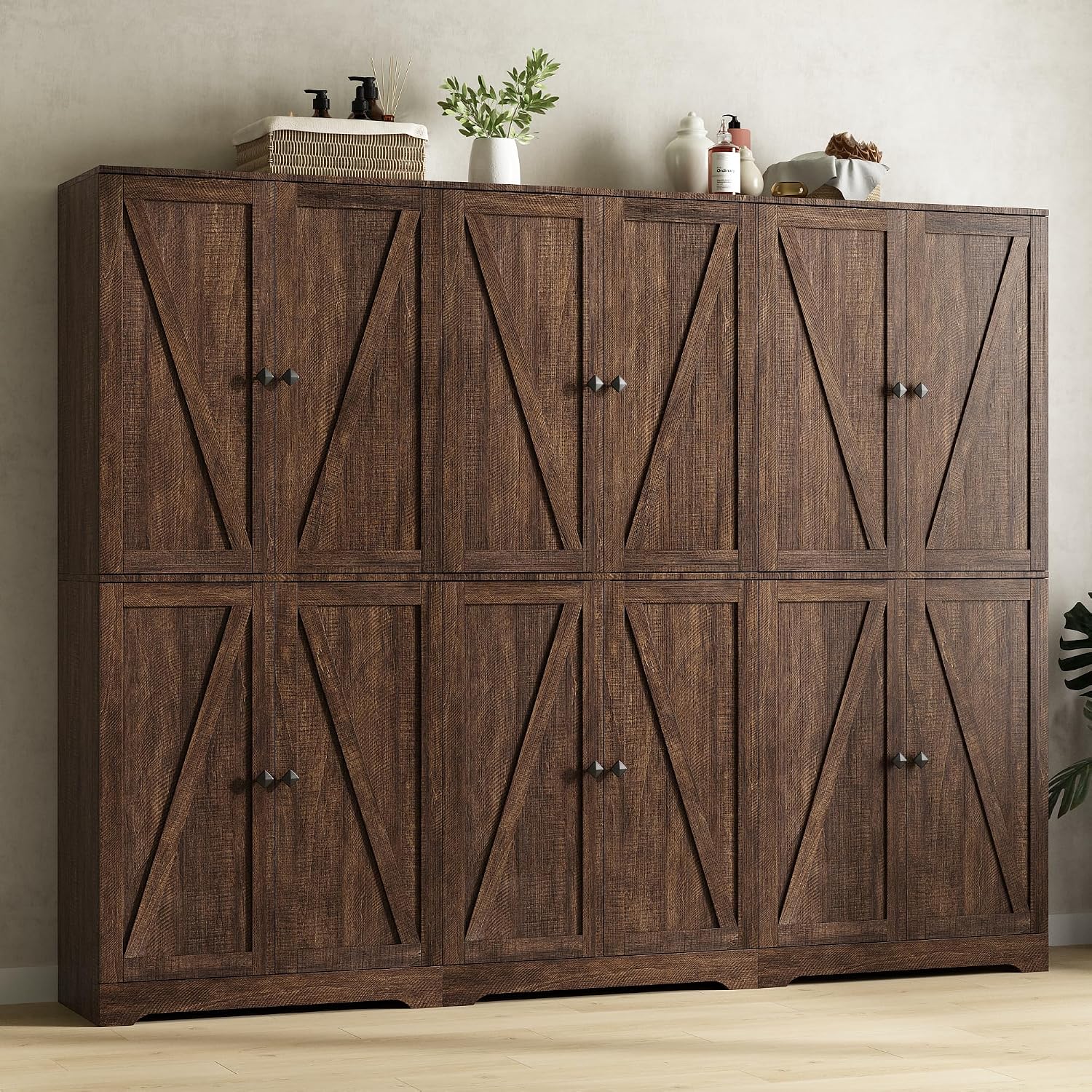 Kitchen Pantry Cabinet Set of 3, 72' Tall Farmhouse Storage Cabinet with 4 Barn Doors and Adjustable Shelves, Pantry Cabinet Versatile Storage for Kitchen, Living Room, Brown