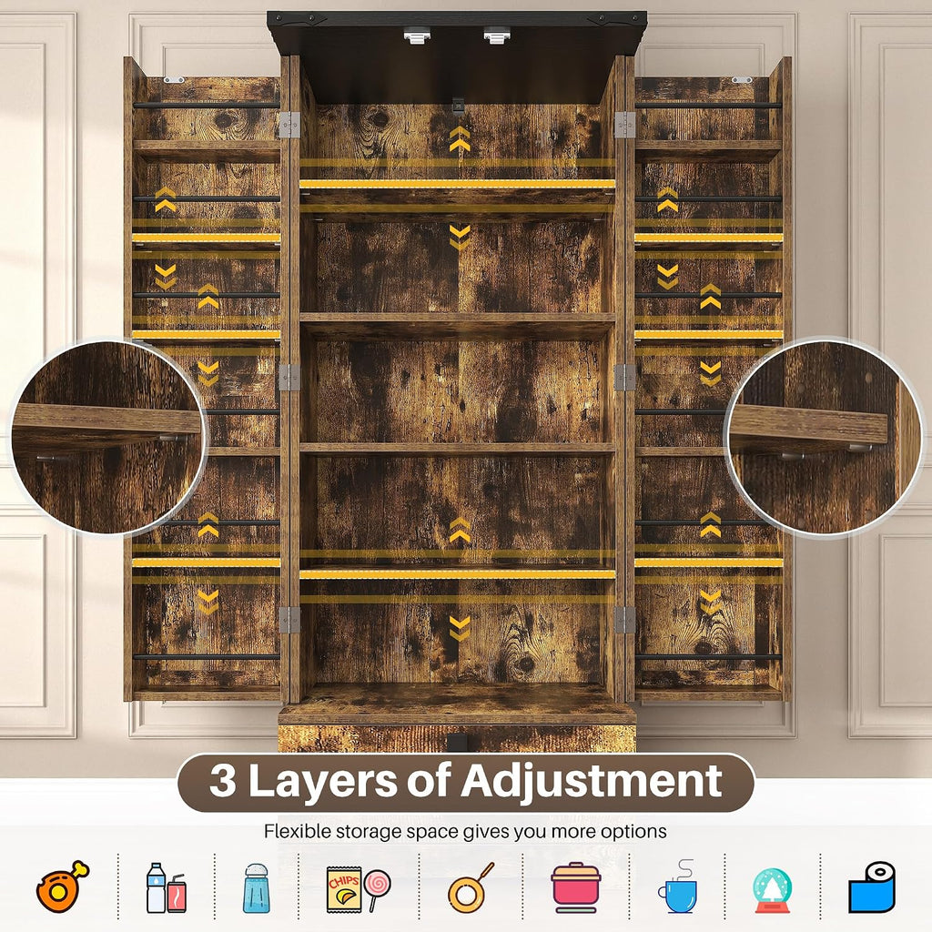 kepptory Pantry Cabinet with Adjustable Shelves and Drawer, Kitchen Cabinet Buffet Cupboards Storage for Home Office (Brown, 16' D x 24' W x 55' H)