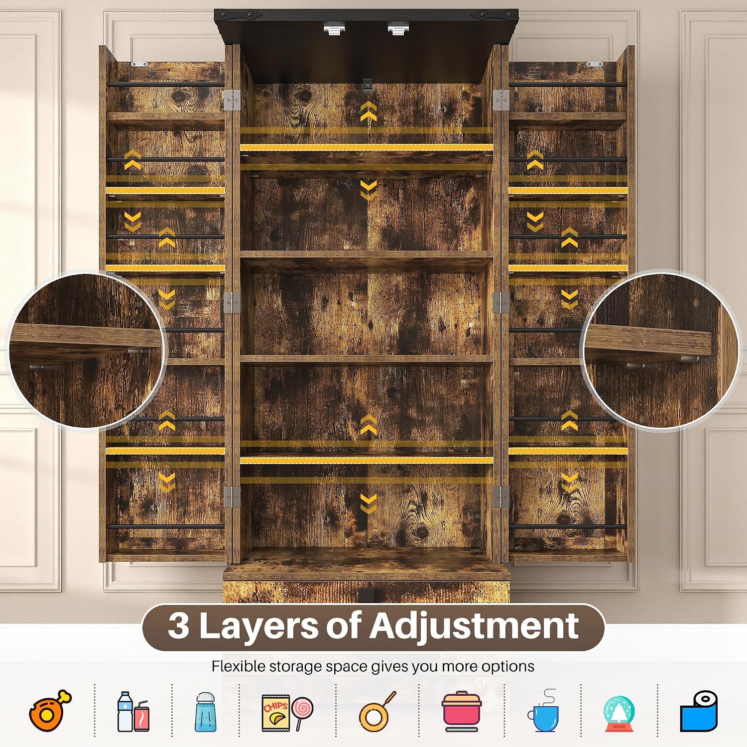 kepptory Pantry Cabinet with Adjustable Shelves and Drawer, Kitchen Cabinet Buffet Cupboards Storage for Home Office (Brown, 16' D x 24' W x 55' H)