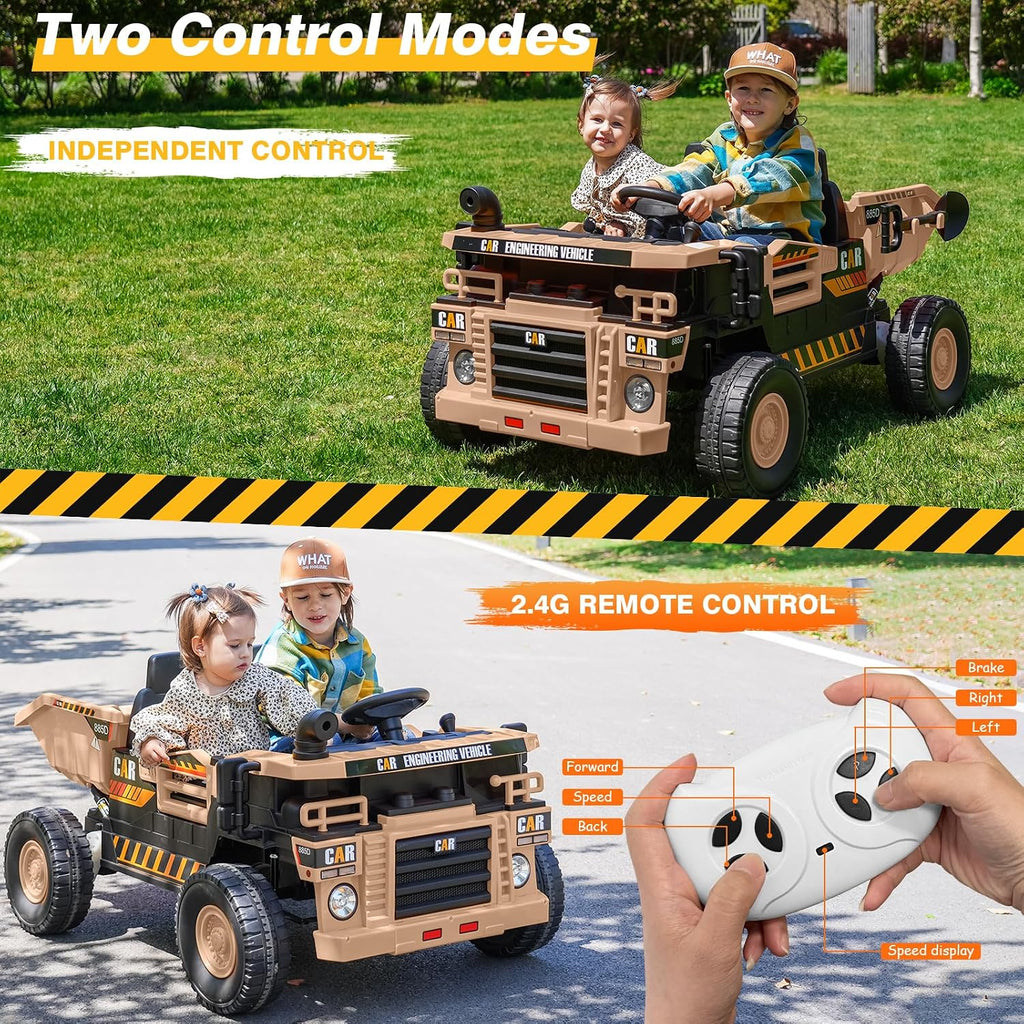 RunFast 24V 2 Seater Ride on Dump Truck for Kids,Electric Ride on Cars with Remote Control,2X75W Powerful Motors and Up to 4Mph,Electric Dump Bed,Extra Shovel,Music Player,Gift for Boy&Girl(Khaki,24V)
