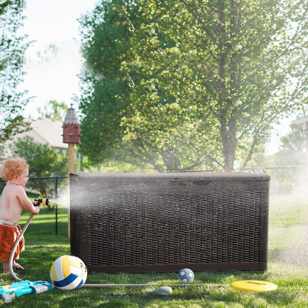 Greesum 100 Gallon Deck Box and Suncast 33 Gallon Outdoor Trash Can Storage Bundle for Patio Furniture, Garden Tools, and Pool Supplies