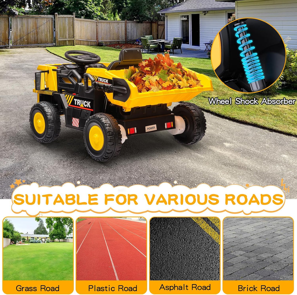Ride on Dump Truck, 12v Ride on Construction Car for Kids with Remote Control,Electric Dump Bed and Extra Shovel, Construction Truck,Music Player, LED Lights for Toddlers-Yellow