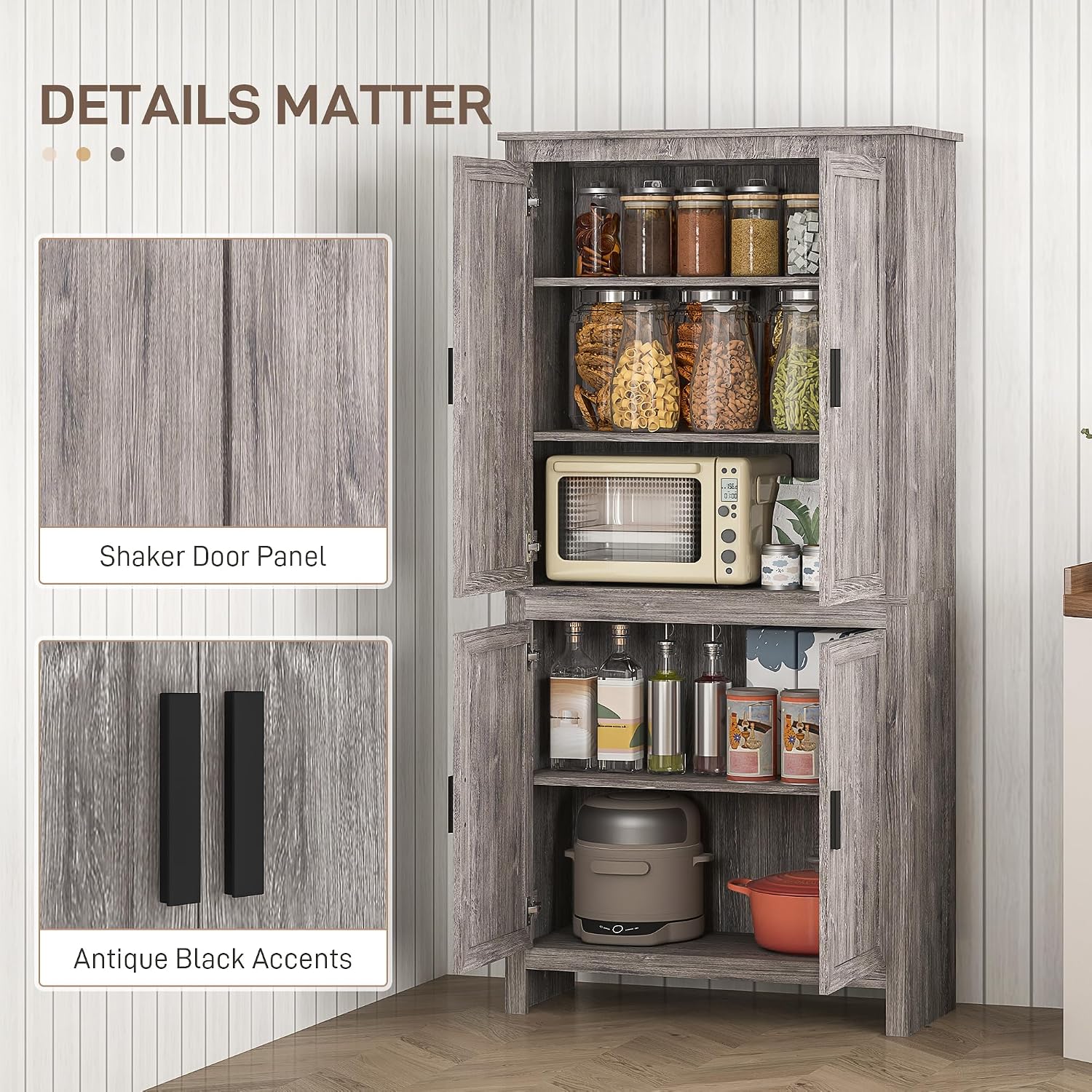 HOMCOM 64' Kitchen Pantry Cabinet, Freestanding Storage Cabinet with 4 Doors and 3 Adjustable Shelves for Dining Room, Gray Oak