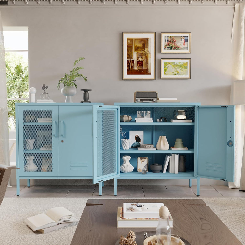 Blue Metal Storage Cabinet with Lock 3-Tier Freestanding Locker Organizer with Mesh Ventilated Door Multipurpose Accent Cabinet Locker Adjustable legs For Hallway, Living Room, Entryway, Home Office