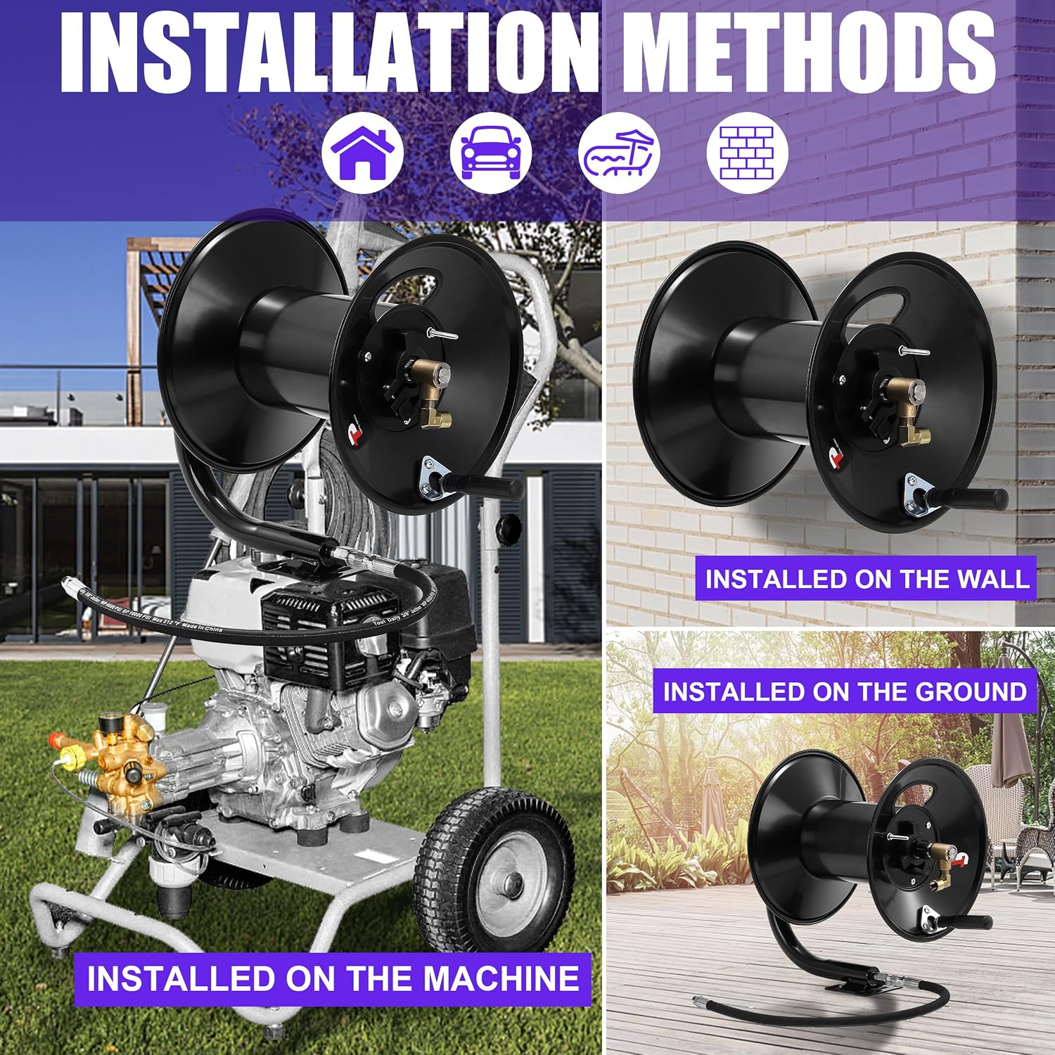 Tool Daily Pressure Washer Hose Reel, 150 FT Heavy Duty Steel Hose Reel for Power Washer, 3/8' Hose Reel Hand Crank, 4000 PSI