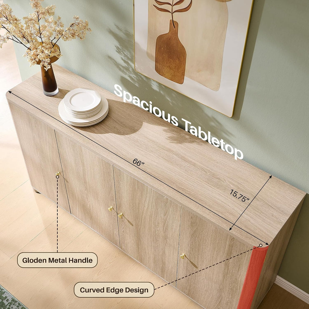 IFGET Curved Buffet Cabinet with Doors, 66' Large Sideboard Buffet Storage Cabinet with 4 Doors and Shleves, Modern Coffee Bar Station Wood Kitchen Table for Kitchen, Dining Room, Light Grey