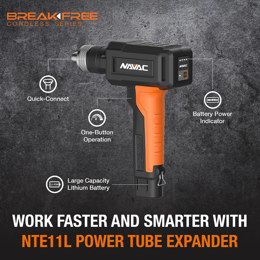 NAVAC NTE11L Power Tubing Expander - Soft or Annealed Copper Swaging Tool - Battery-Operated - One-Button Operation - Quick Connect Expander Heads