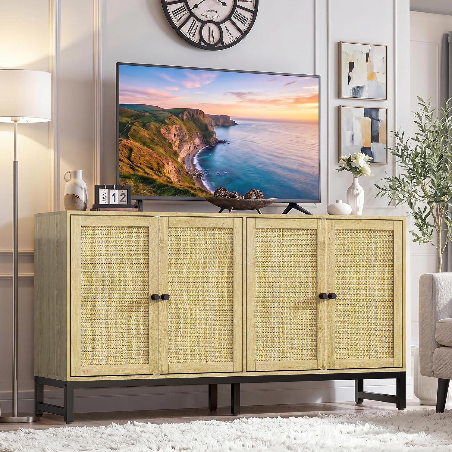 ZLWJGY Rattan Sideboard Buffet Cabinet, Natural Storage Credenza Accent Cabinet with 4 Doors, 59' Large Mid Century Modern Console Table for Kitchen, Living Room and Dining Room