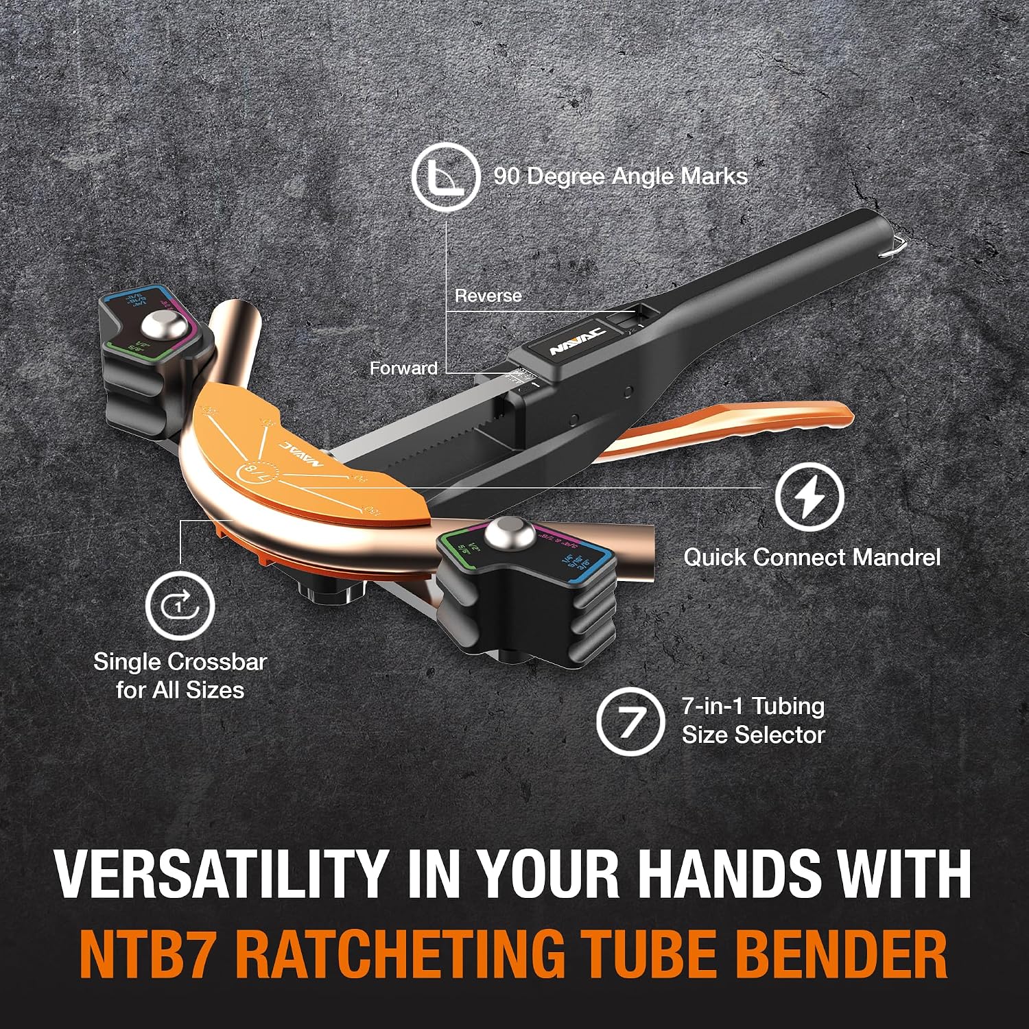 NAVAC NTB7L Power Tubing Bender for Soft Copper Tubing - Battery-Operated - One-Button Operation - Quick Connect Mandrel - Easy-Release Baffle - 7-in-1 Tubing Size Selector