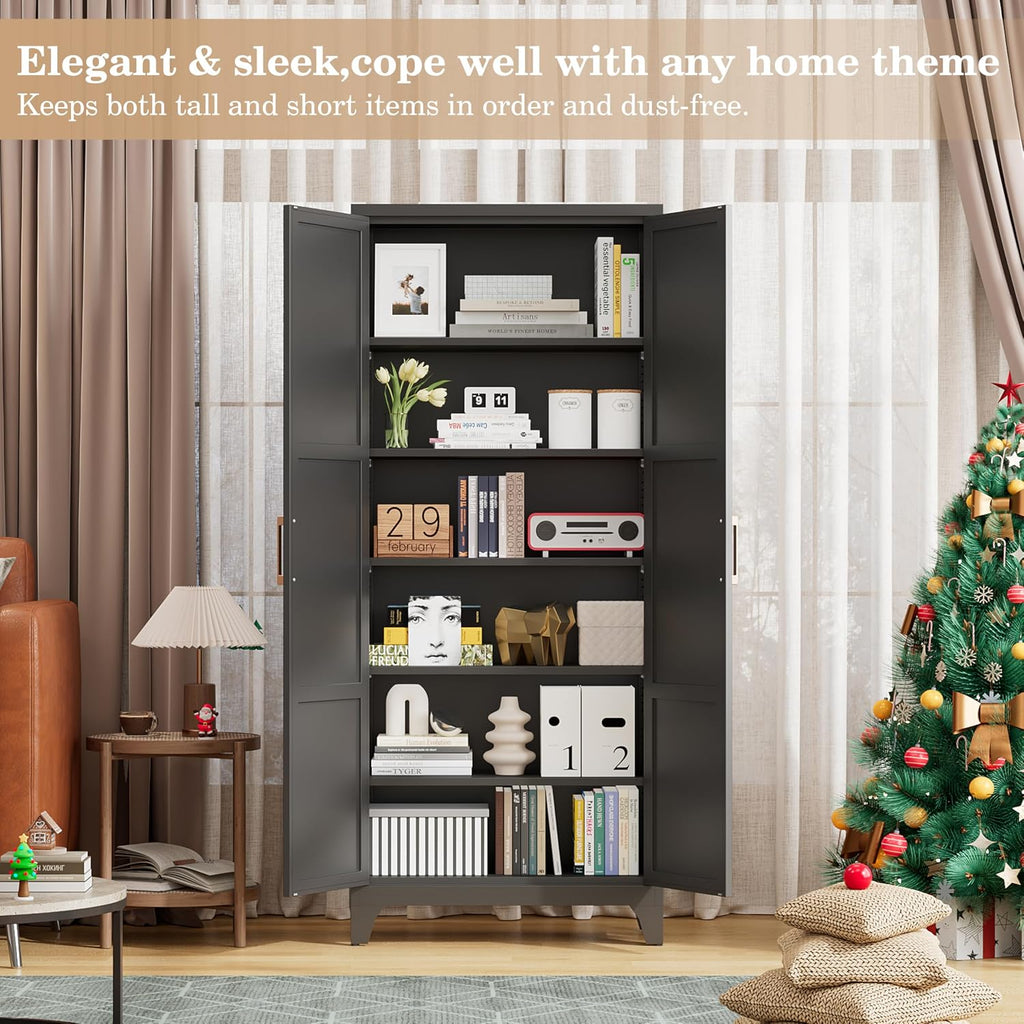 74.8' Black Freestanding Metal Pantry Cabinet, Magnetic Doors & 5 Adjustable Shelves, Anti-Tip Closed Storage Cupboard for Kitchen, Laundry, Garage & Home Office