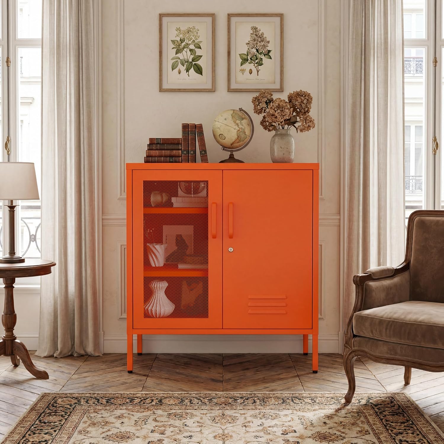 Orange Metal Locker CabinetsMetal Locker Storage Cabinet with Mesh Doors and Adjustable Shelves Coffee Bar Cabinet,Kitchen Pantry Storage Cabinets for Home, Office, Entryway and Hallway