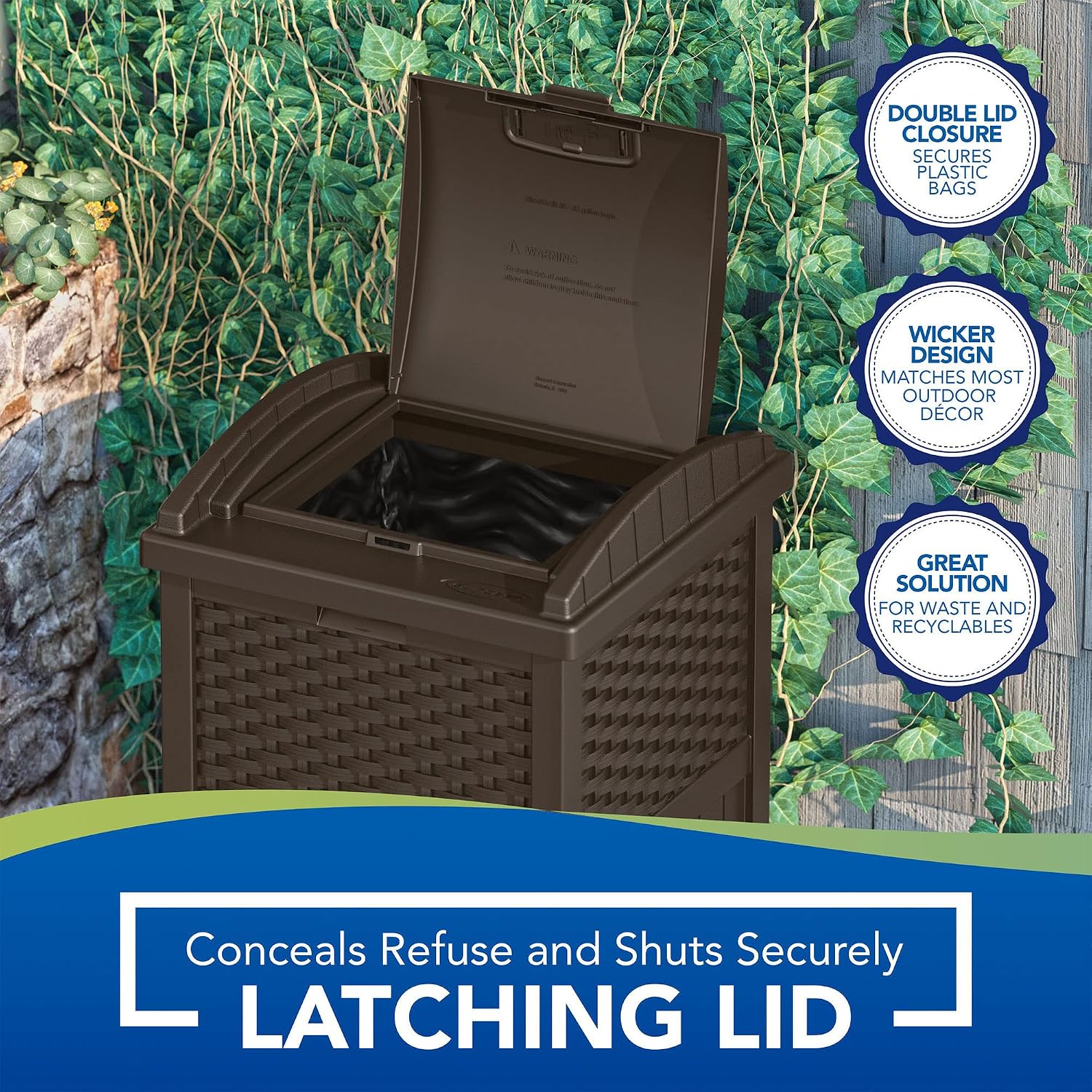 Greesum 100 Gallon Deck Box and Suncast 33 Gallon Outdoor Trash Can Storage Bundle for Patio Furniture, Garden Tools, and Pool Supplies