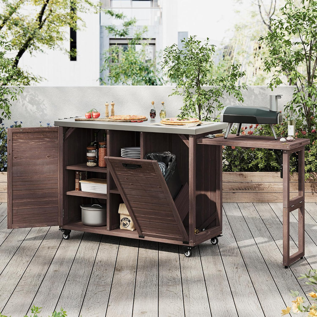LUMISOL Outdoor Kitchen Island with Foldable Grill Table, Movable Prep Table with Stainless Steel Top, Rolling Kitchen Cart with Trash Can Storage, Outdoor Grill Cart for Parties, Dark Brown