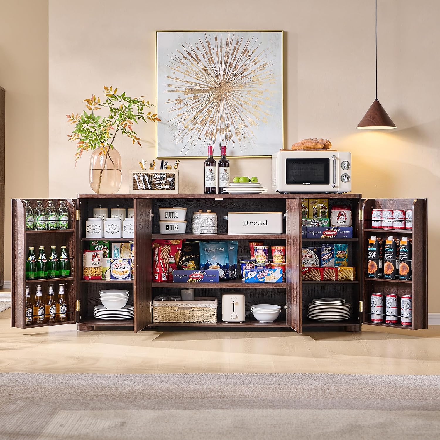 IFGET Curved Buffet Cabinet with Doors, 66' Large Sideboard Buffet Storage Cabinet with 4 Doors and Shleves, Modern Coffee Bar Station Wood Kitchen Table for Kitchen, Dining Room, Borwn