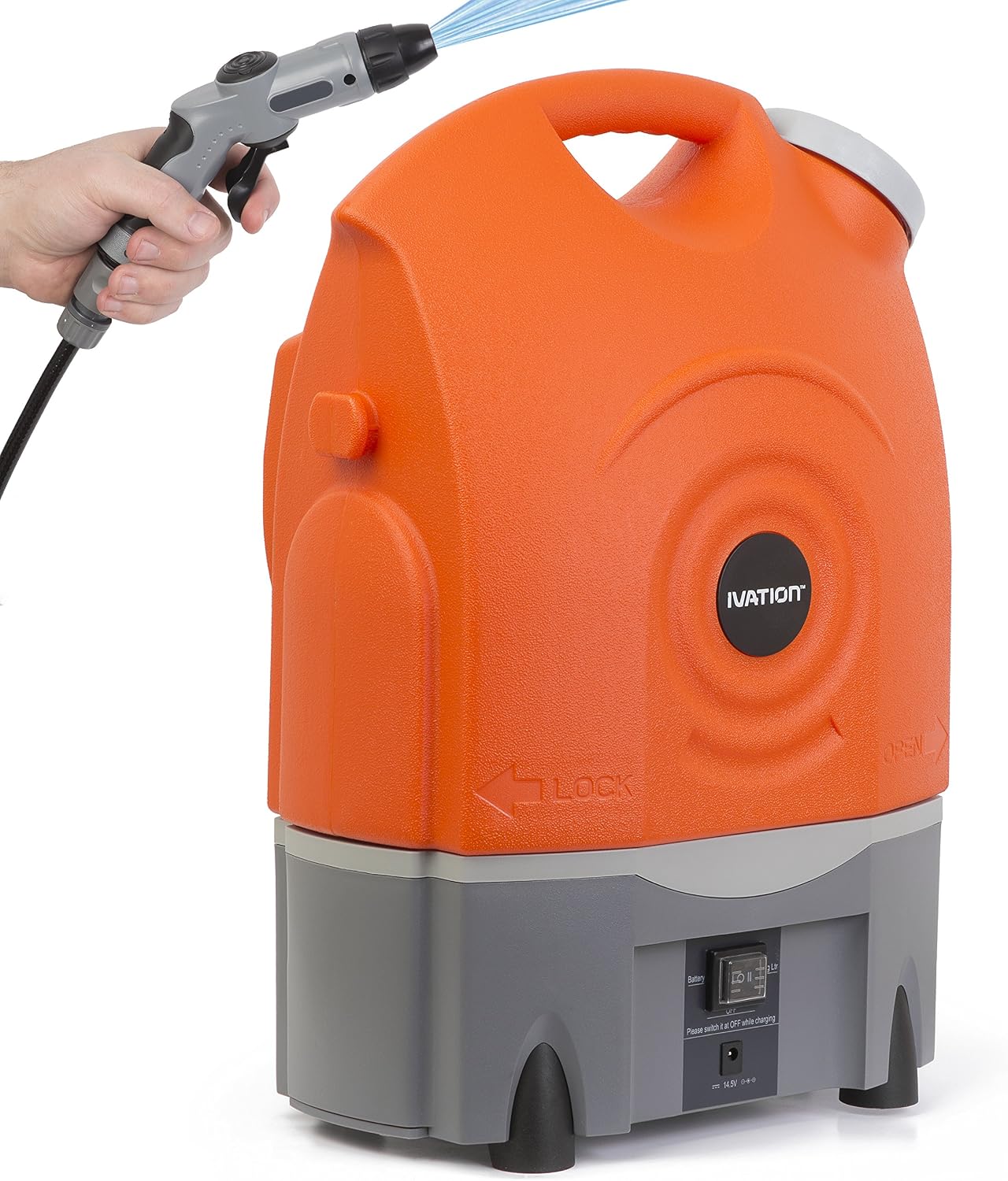 Ivation Multipurpose Portable Spray Washer w/Water Tank - Runs on Built-in Rechargeable Battery, Home Plug and 12v Car Plug - Integrated Roller Wheels
