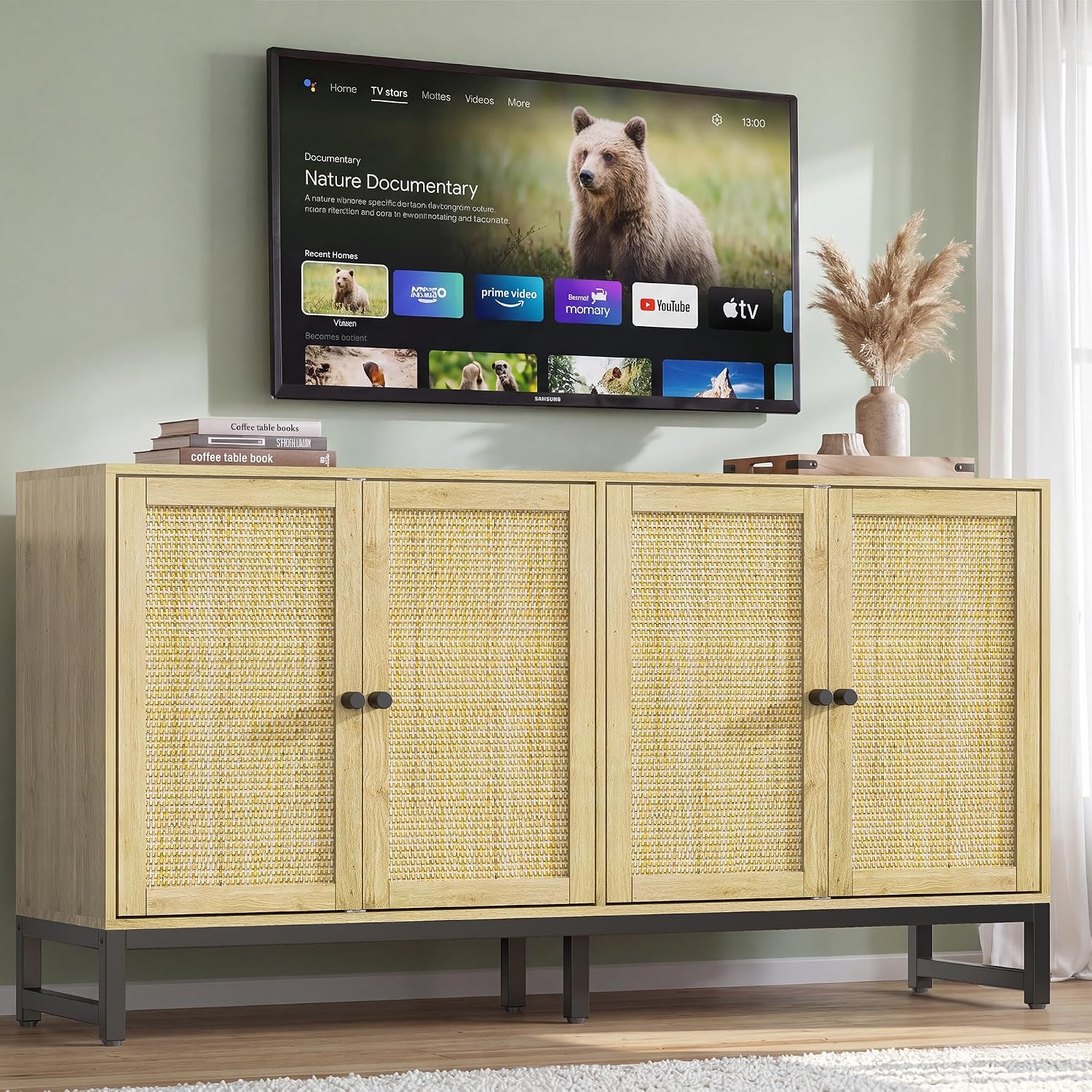 ZLWJGY Rattan Sideboard Buffet Cabinet, Natural Storage Credenza Accent Cabinet with 4 Doors, 59' Large Mid Century Modern Console Table for Kitchen, Living Room and Dining Room