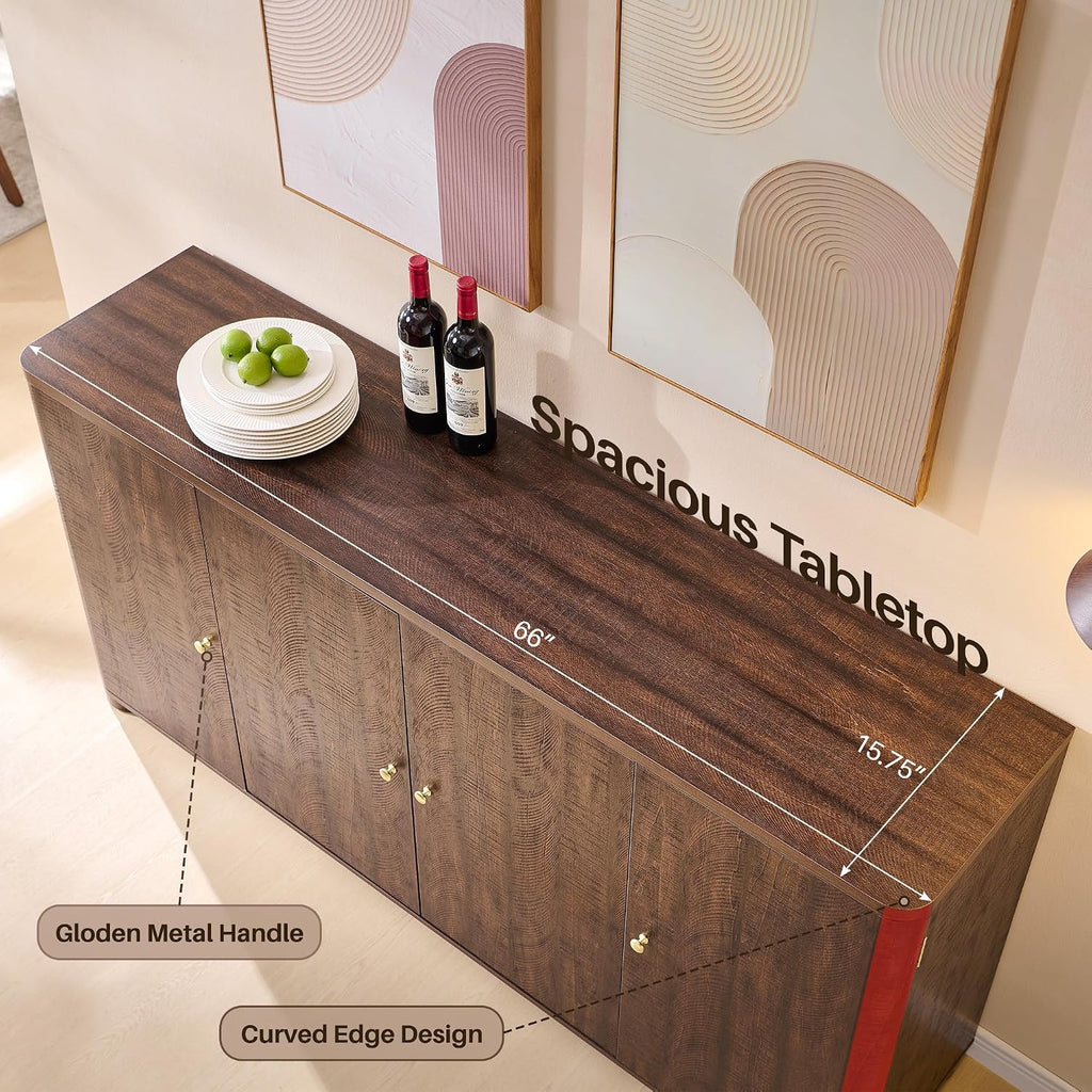 IFGET Curved Buffet Cabinet with Doors, 66' Large Sideboard Buffet Storage Cabinet with 4 Doors and Shleves, Modern Coffee Bar Station Wood Kitchen Table for Kitchen, Dining Room, Borwn