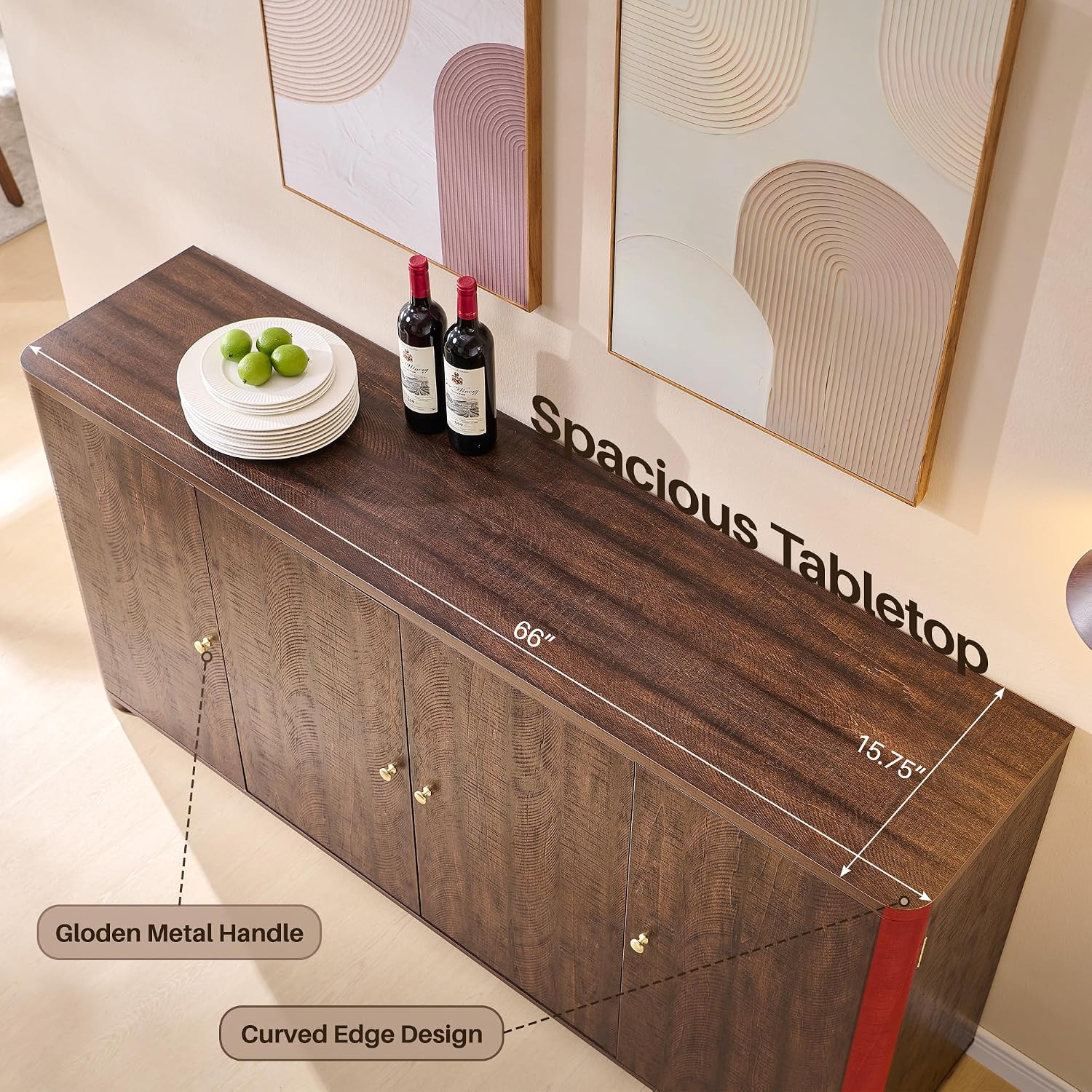 IFGET Curved Buffet Cabinet with Doors, 66' Large Sideboard Buffet Storage Cabinet with 4 Doors and Shleves, Modern Coffee Bar Station Wood Kitchen Table for Kitchen, Dining Room, Borwn