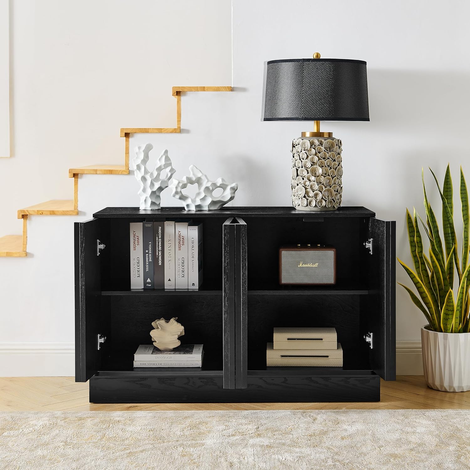 KEIKI Wood Sideboard Buffet Cabinet with Storage, 4 Door Farmhouse Cupboard w/Adjustable Shelves, Console Table for Kitchen, Dining/Living Room, Black