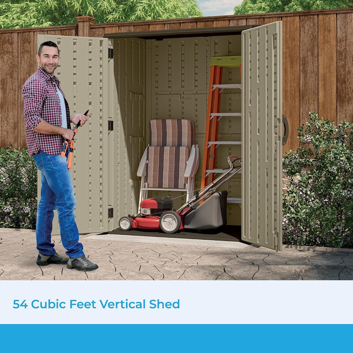 Suncast 54 Cubic Feet Vertical Storage Shed with Durable Plastic Construction & SereneLife Folding Treadmill - Foldable Home Fitness Equipment with LCD for Walking & Running