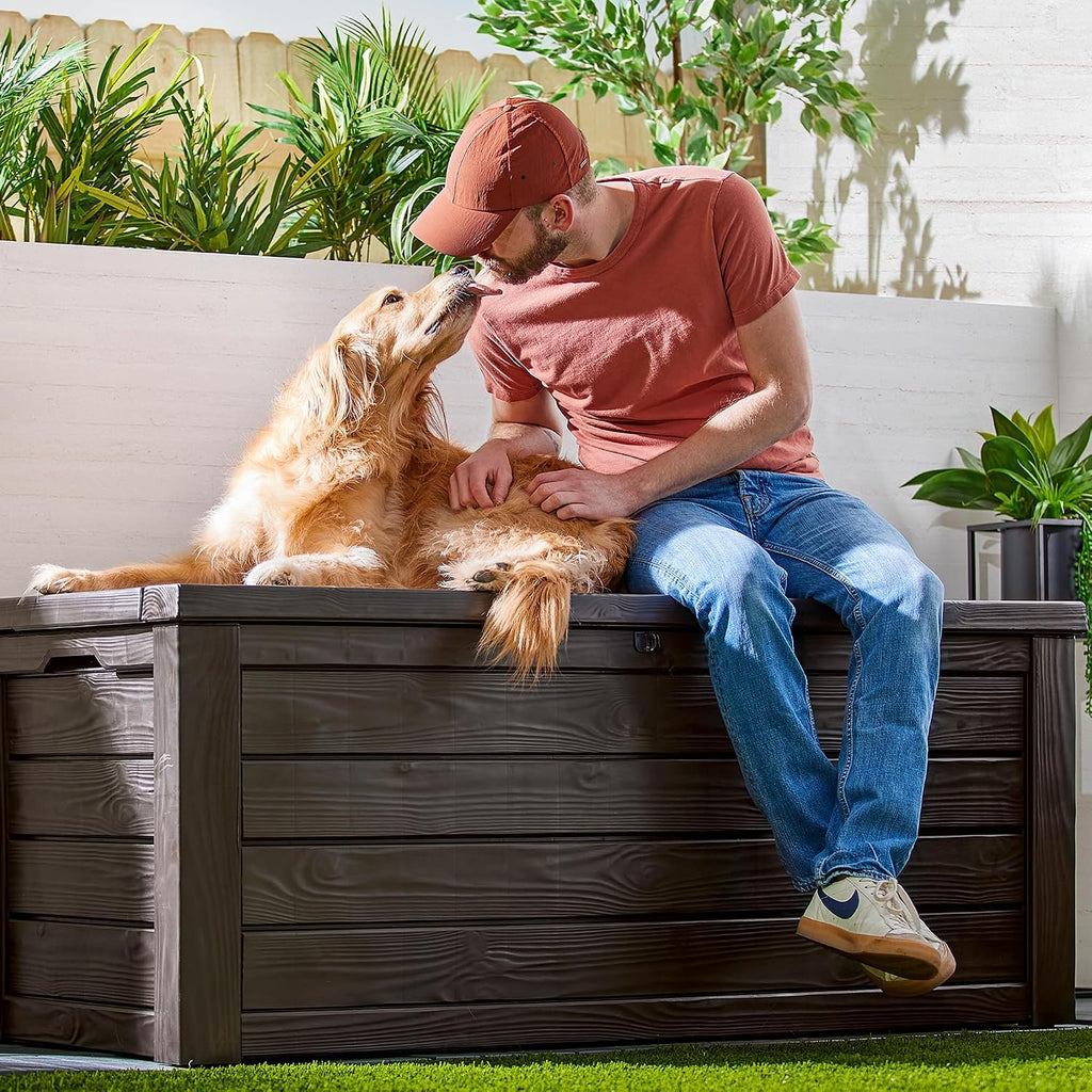 Keter Circa 37 Gal Round Patio Box Storage Table, Seating Bundled with Westwood 150 Gallon Plastic Outdoor Furniture Storage Deck Box, Brown
