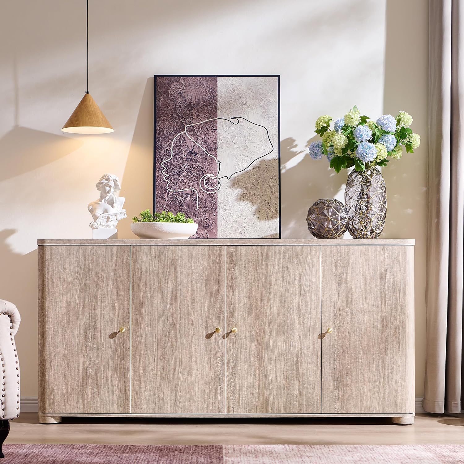 IFGET Curved Buffet Cabinet with Doors, 66' Large Sideboard Buffet Storage Cabinet with 4 Doors and Shleves, Modern Coffee Bar Station Wood Kitchen Table for Kitchen, Dining Room, Light Grey
