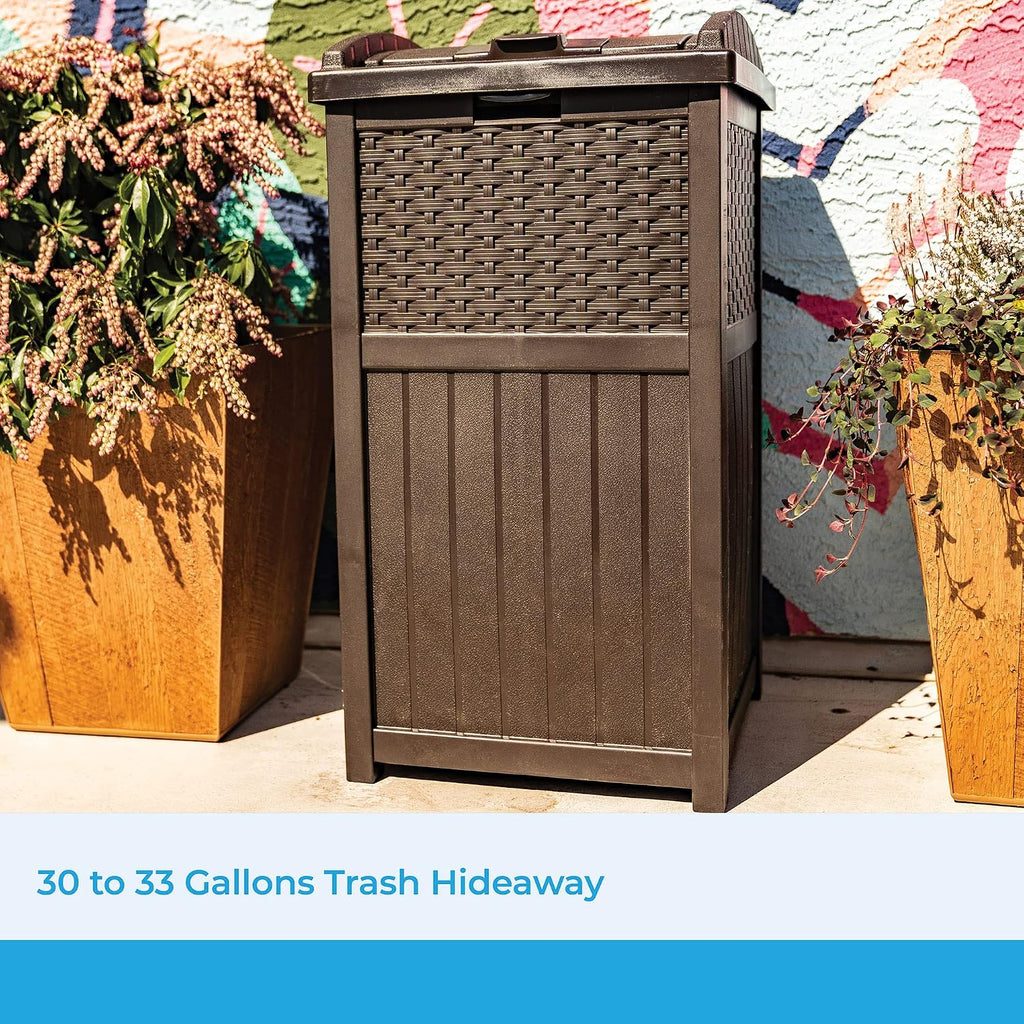 Christopher Knight Home Keaton Wicker Barrel Side Table, Multibrown & Suncast 33 Gallon Hideaway Can Resin Outdoor Trash with Lid Use in Backyard, Deck, or Patio, 33-Gallon, Brown
