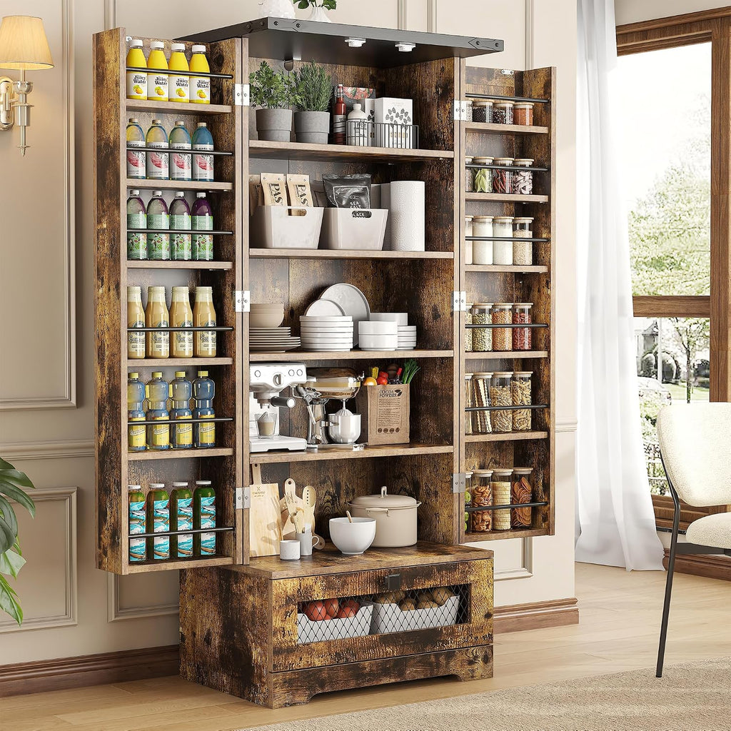kepptory Pantry Cabinet with Adjustable Shelves and Drawer, Kitchen Cabinet Buffet Cupboards Storage for Home Office (Brown, 16' D x 24' W x 55' H)