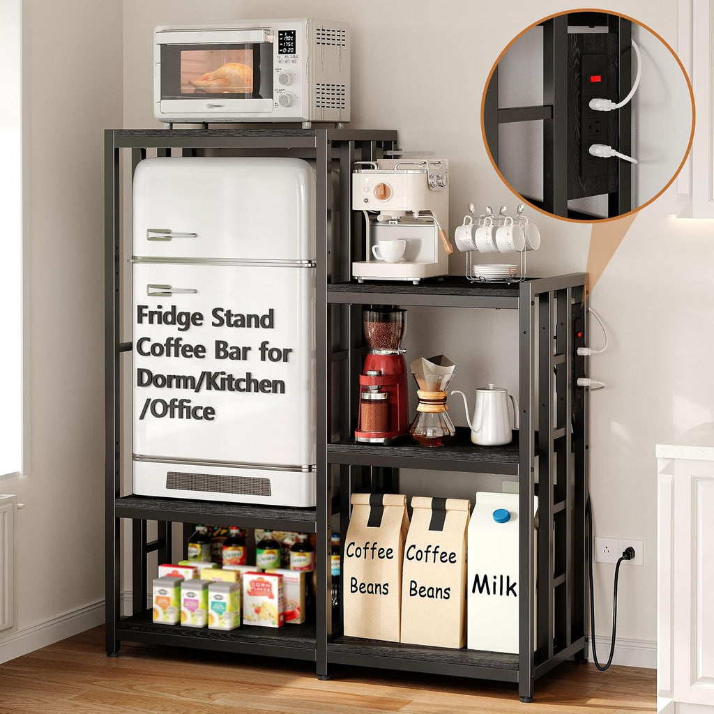 Mini Fridge Stand Coffee Bar Cabinet Station With Small Refrigerator Insert Storage Space, Shelf Organizer For Dorm Microwave To Sit, Black Baker Rack With Power Outlet, Big Table To Go Over Fridge