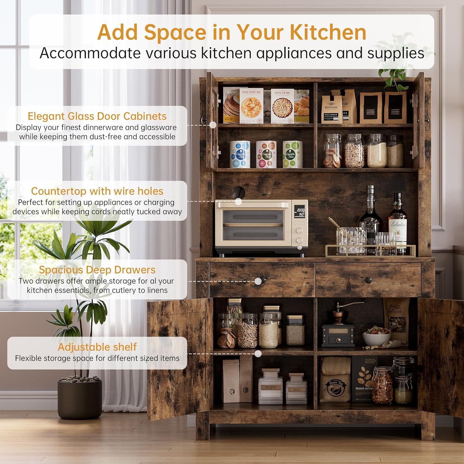 63' Tall Farmhouse Kitchen Pantry Cabinet with Microwave Stand, Freestanding Pantry Hutch Cabinet with Adjustable Shelves, Drawers & Countertop, Buffet Cupboard for Dining&Living Room Storage, Retro