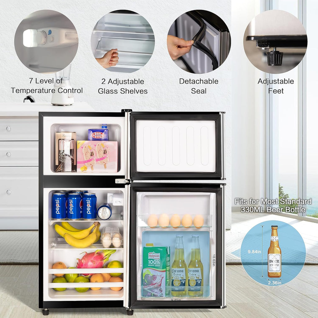Anukis Compact Refrigerator 3.2 Cu Ft 2 Door Mini Fridge with Freezer for Apartment, Dorm, Office, Family, Basement, Garage - Silver