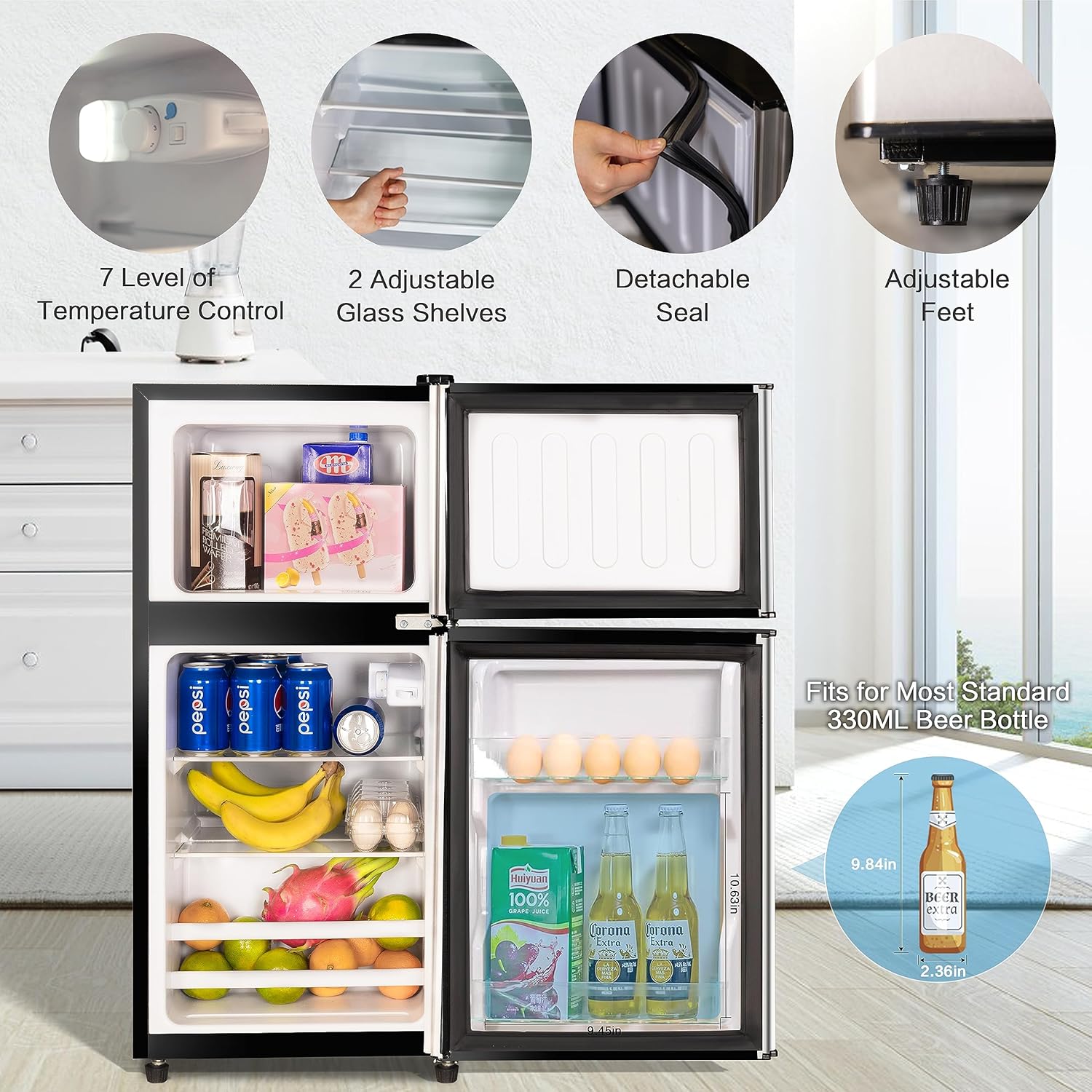 Anukis Compact Refrigerator 3.2 Cu Ft 2 Door Mini Fridge with Freezer for Apartment, Dorm, Office, Family, Basement, Garage - Silver