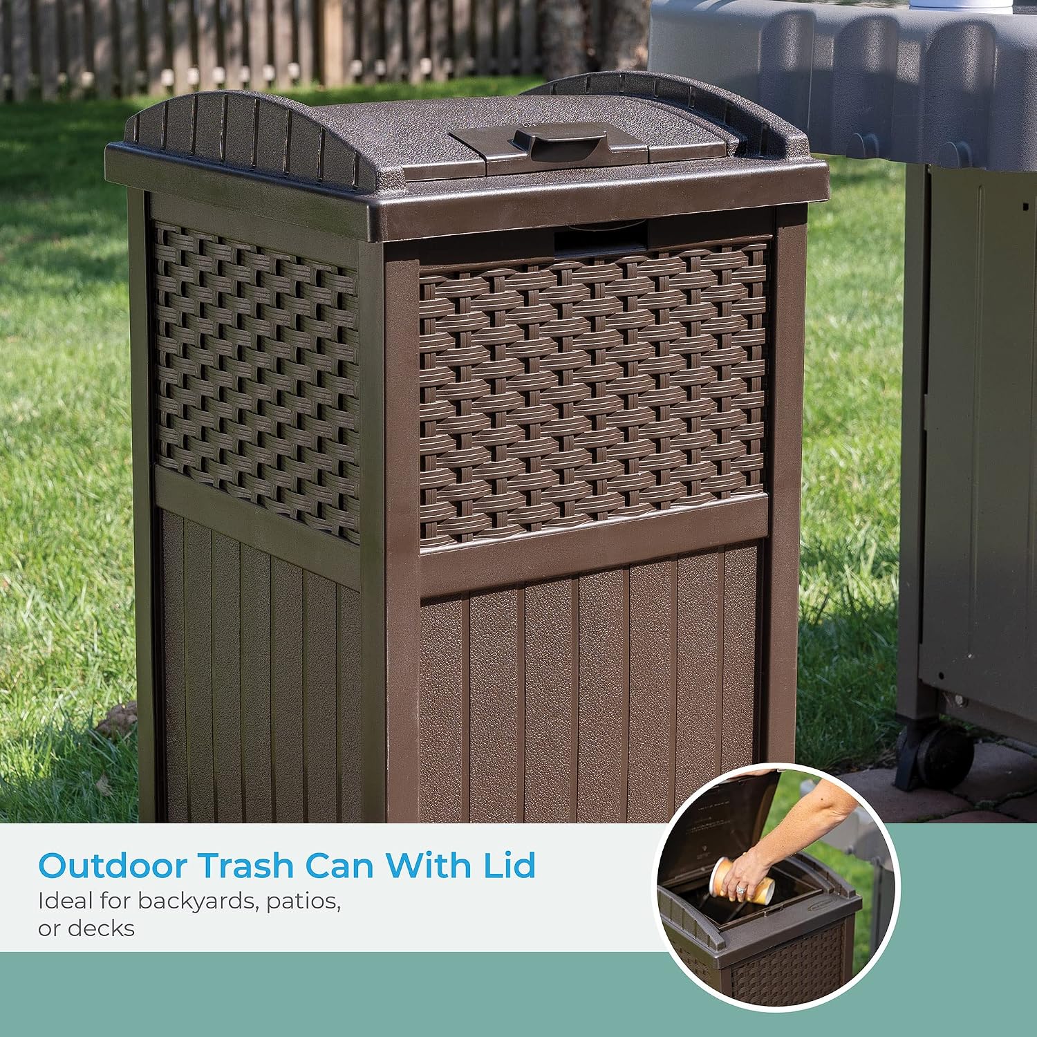 Christopher Knight Home Keaton Wicker Barrel Side Table, Multibrown & Suncast 33 Gallon Hideaway Can Resin Outdoor Trash with Lid Use in Backyard, Deck, or Patio, 33-Gallon, Brown