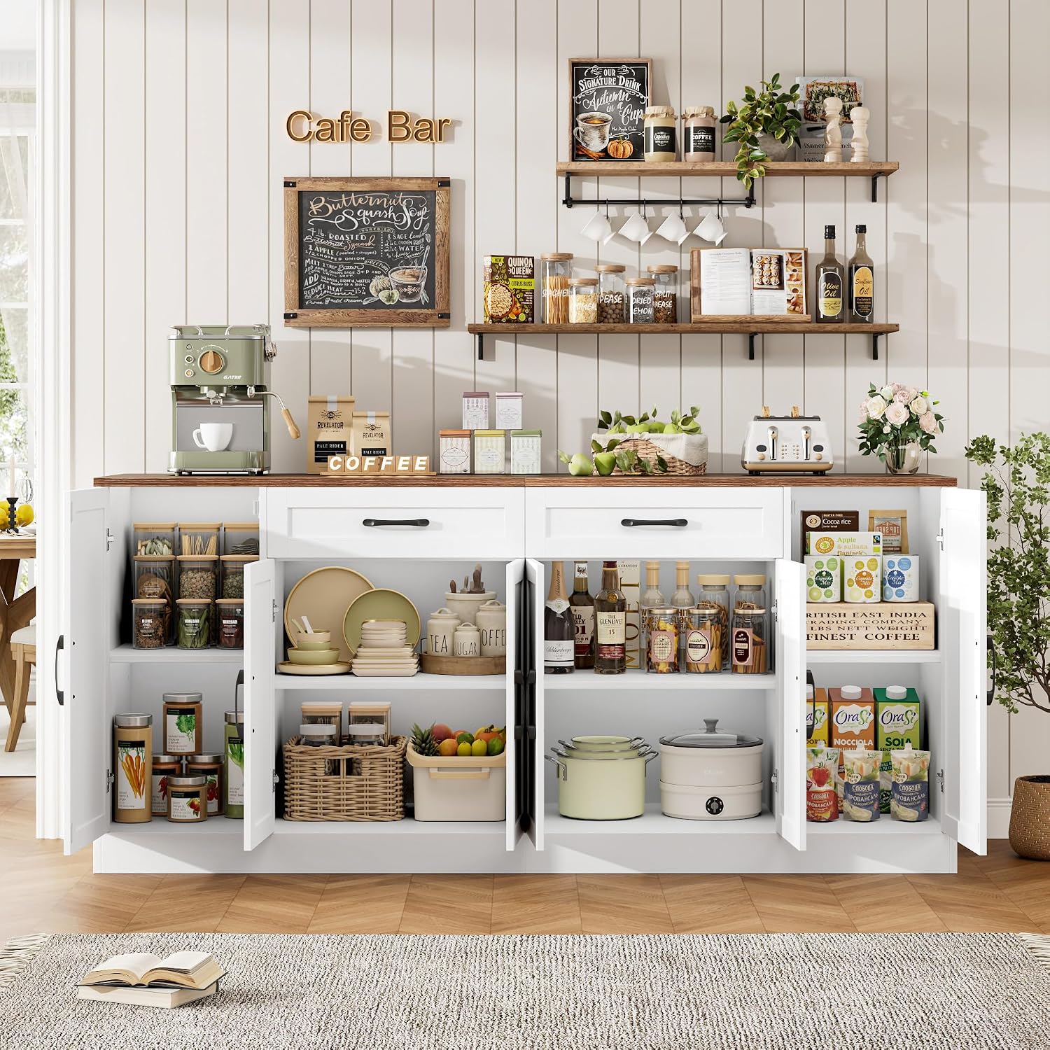 BOTLOG 71' Large Buffet Cabinet with Storage, Sideboard Buffet Cabinet with Adjustable Shelves and 6 Soft-Close Doors, Wood Coffee Bar Console Table for Kitchen, Dining Room, White