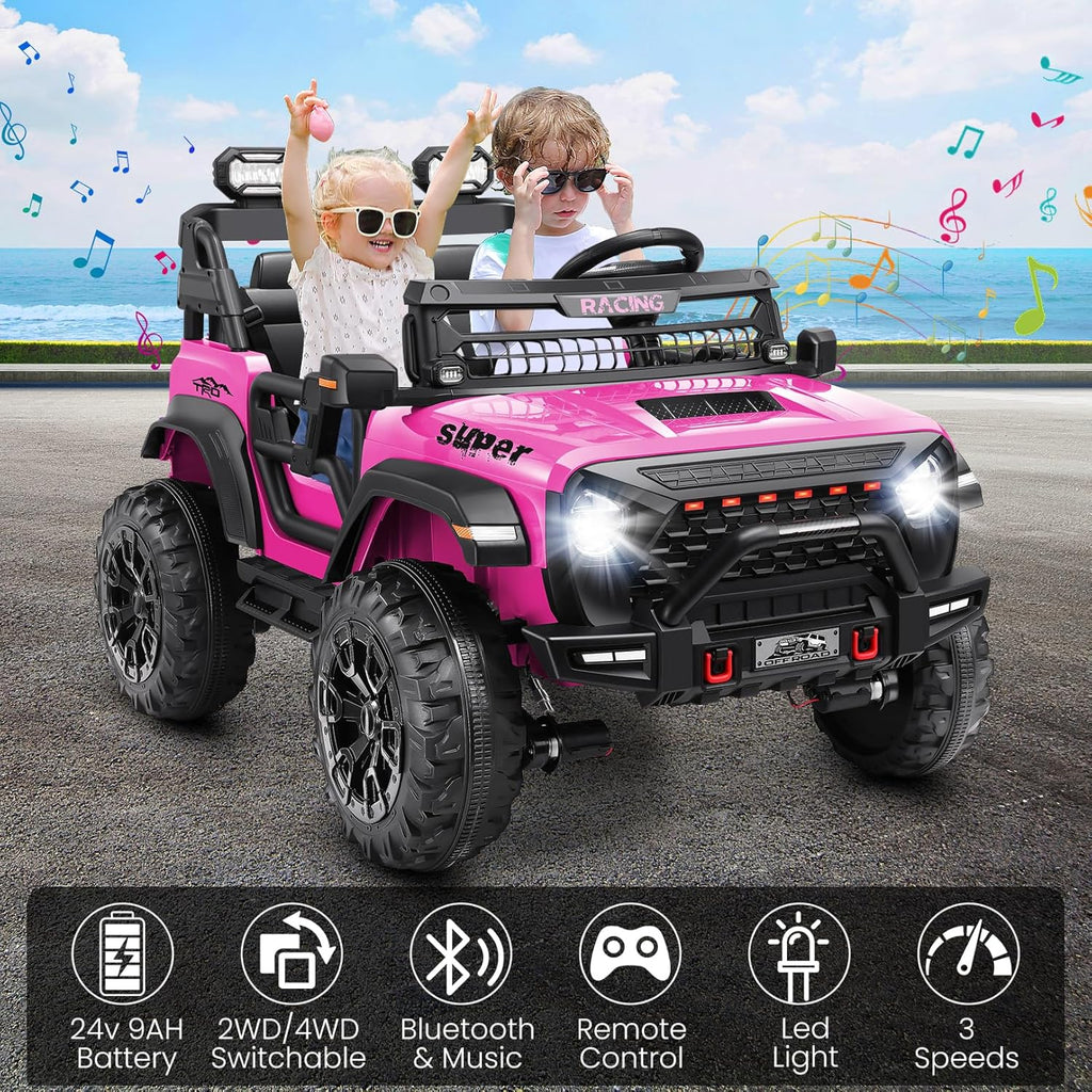 Hikole 24V Ride on Car with Remote Control, 2 Seater Electric Car for Kids w/20 Inch Wide Seat, 4x100W Motor, LED Headlight & Music Player, Power Car Wheels Ride on Toys for Boys Girls, Pink