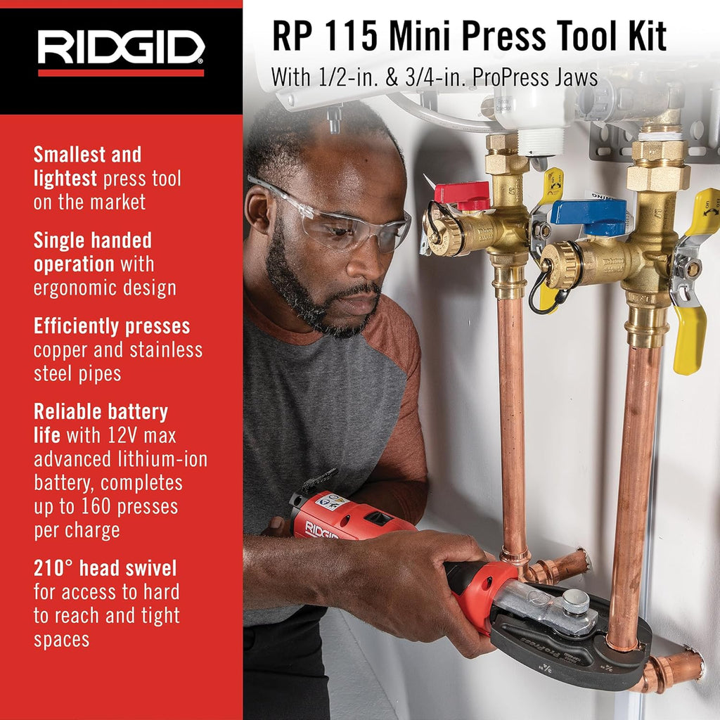 RIDGID 72553 Model RP 115 Mini Press Tool and Battery Kit with 1/2' to 3/4' ProPress Press Tool Jaws, 2V Li/Ion Battery, 12V Charger, and Carrying Case , Red