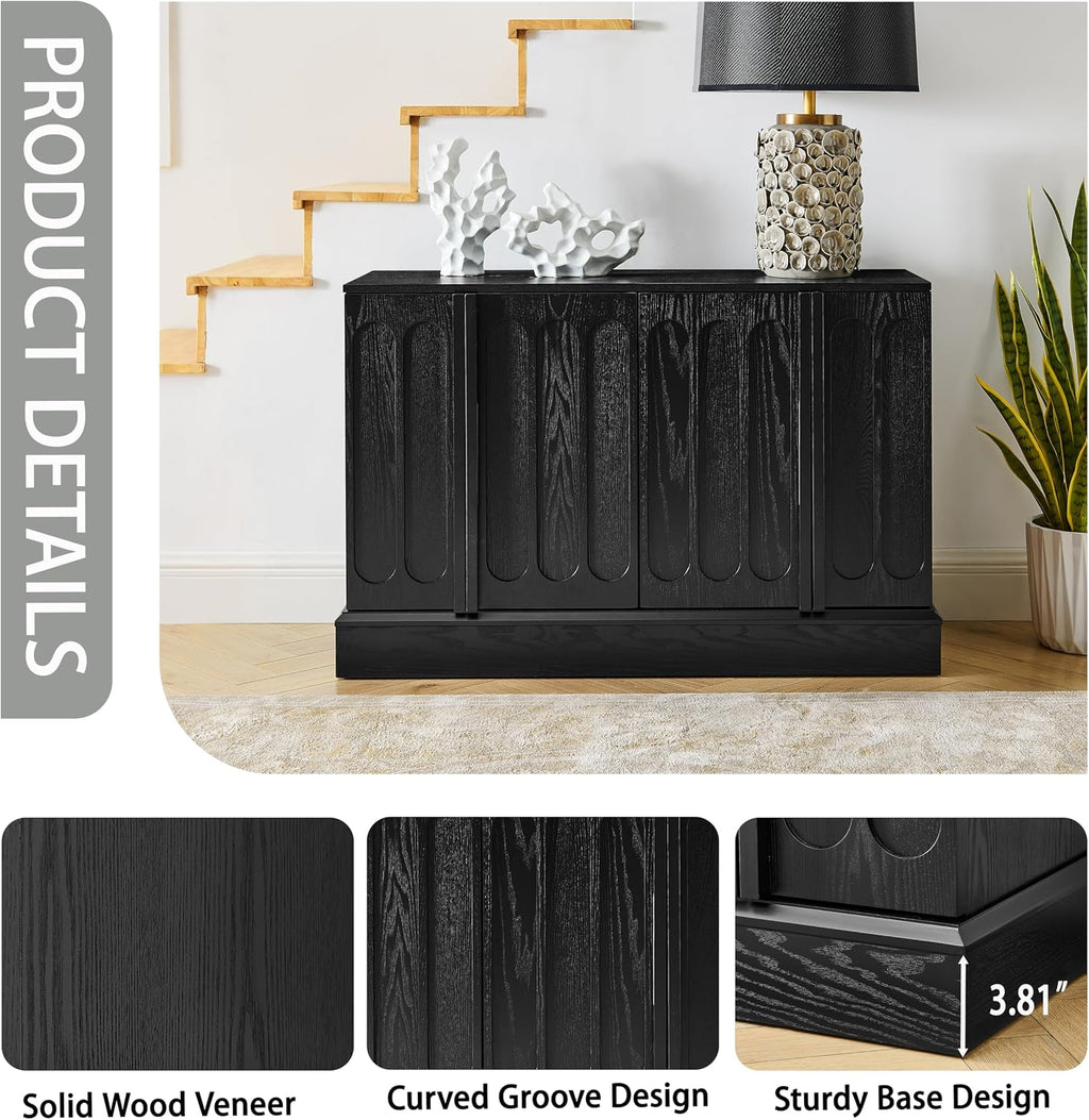 KEIKI Wood Sideboard Buffet Cabinet with Storage, 4 Door Farmhouse Cupboard w/Adjustable Shelves, Console Table for Kitchen, Dining/Living Room, Black