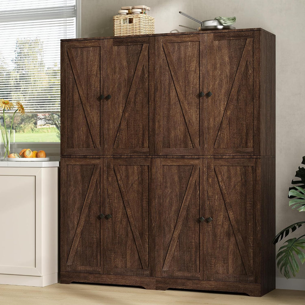 Kitchen Pantry Cabinet Set of 3, 72' Tall Farmhouse Storage Cabinet with 4 Barn Doors and Adjustable Shelves, Pantry Cabinet Versatile Storage for Kitchen, Living Room, Brown