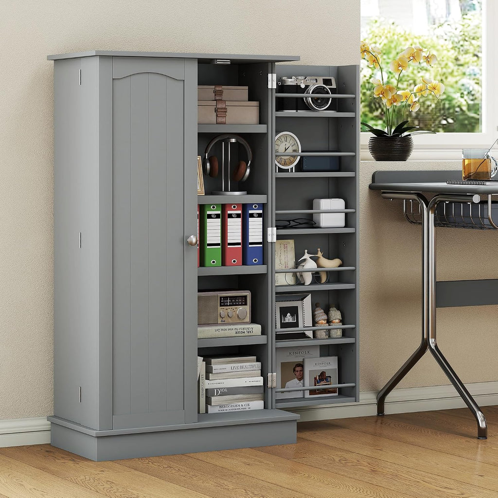 HOMCOM 41' Kitchen Pantry Storage Cabinet, Freestanding Kitchen Cabinet with 12 Door Shelves, Double Doors, 5-Tier Shelving and Adjustable Shelves, Gray