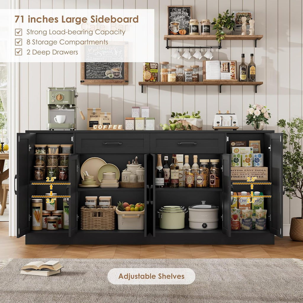 BOTLOG 71' Large Buffet Cabinet with Storage, Sideboard Buffet Cabinet with Adjustable Shelves and 6 Soft-Close Doors, Wood Coffee Bar Console Table for Kitchen, Dining Room, Black