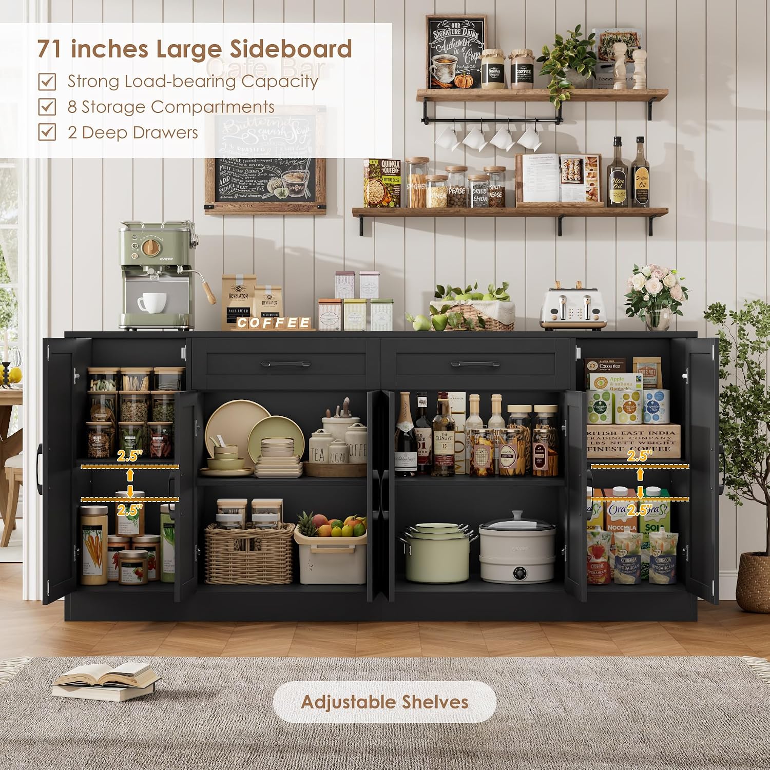 BOTLOG 71' Large Buffet Cabinet with Storage, Sideboard Buffet Cabinet with Adjustable Shelves and 6 Soft-Close Doors, Wood Coffee Bar Console Table for Kitchen, Dining Room, Black