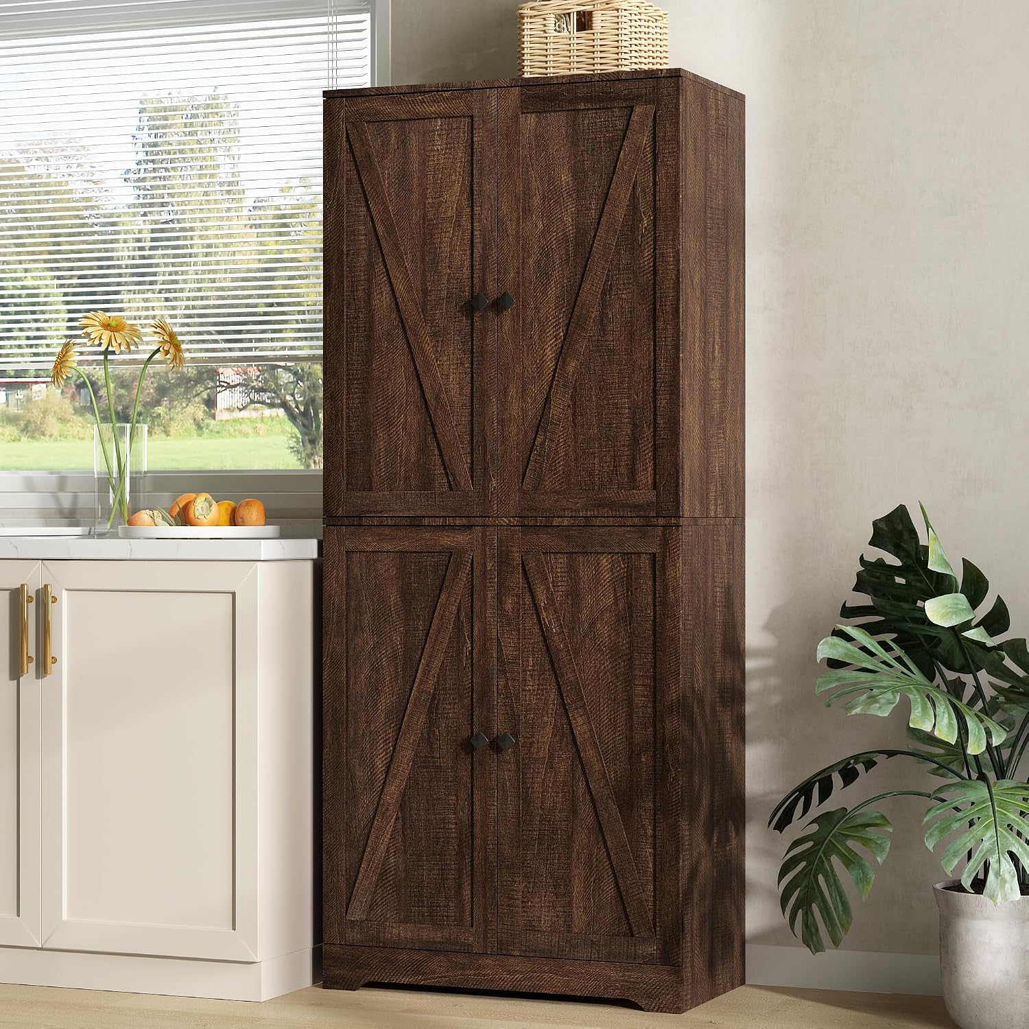 Kitchen Pantry Cabinet Set of 3, 72' Tall Farmhouse Storage Cabinet with 4 Barn Doors and Adjustable Shelves, Pantry Cabinet Versatile Storage for Kitchen, Living Room, Brown