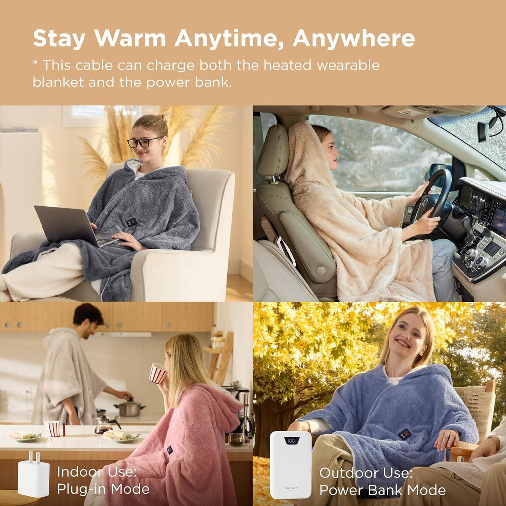 Bedsure Cordless Wearable Heated Blanket - Fluffy Electric Blanket Hoodie with 20000mAh Battery Pack, Portable USB Heated Shawl as Winter Gifts for Women Mom, 4 Heat Levels & 4 Timers, 55'x69', Cream