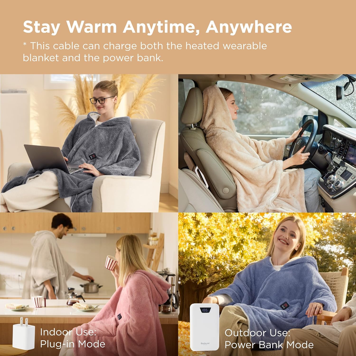 Bedsure Cordless Wearable Heated Blanket - Fluffy Electric Blanket Hoodie with 20000mAh Battery Pack, Portable USB Heated Shawl as Winter Gifts for Women Mom, 4 Heat Levels & 4 Timers, 55'x69', Blue