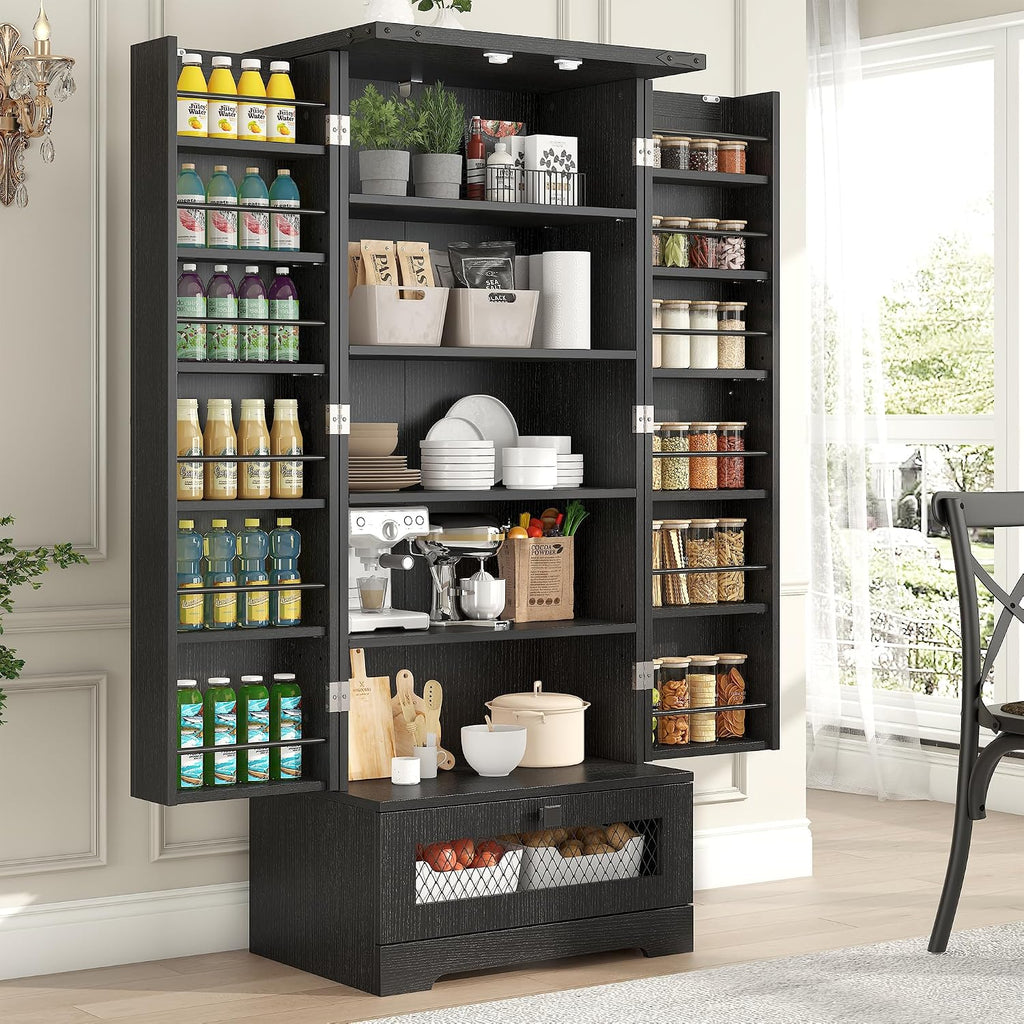 kepptory Kitchen Pantry Cabinet, Pantry Storage Cabinet with Adjustable Shelves and Drawer, Kitchen Buffet Cupboards Storage Shelf for Home Office Use (Black, 16' D x 24' W x 55' H)