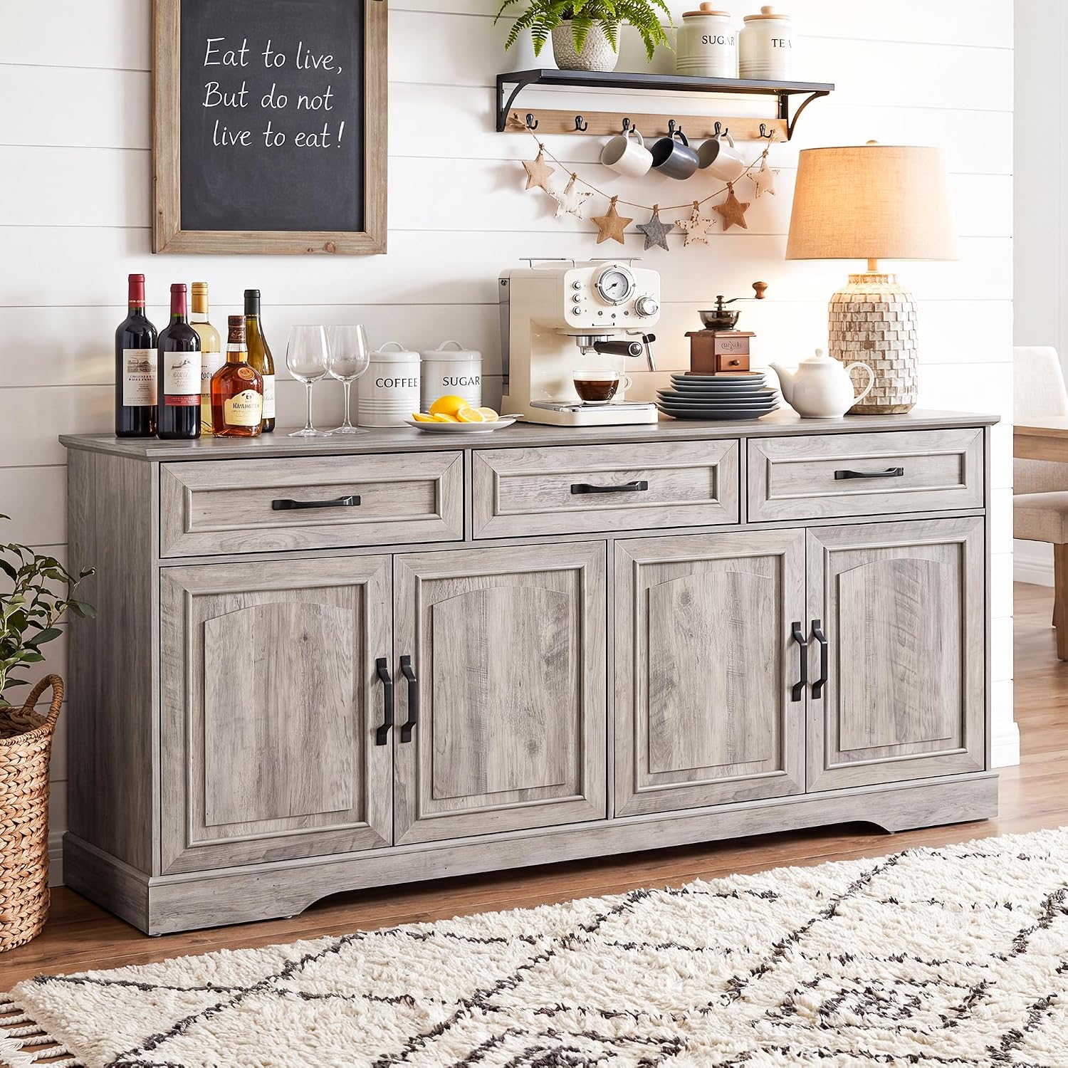 66' Large Sideboard Buffet Cabinet with Storage, Farmhouse Buffet Table Coffee Bar Wine Bar Kitchen Storage Cabinet with Drawers, Weathered Ash