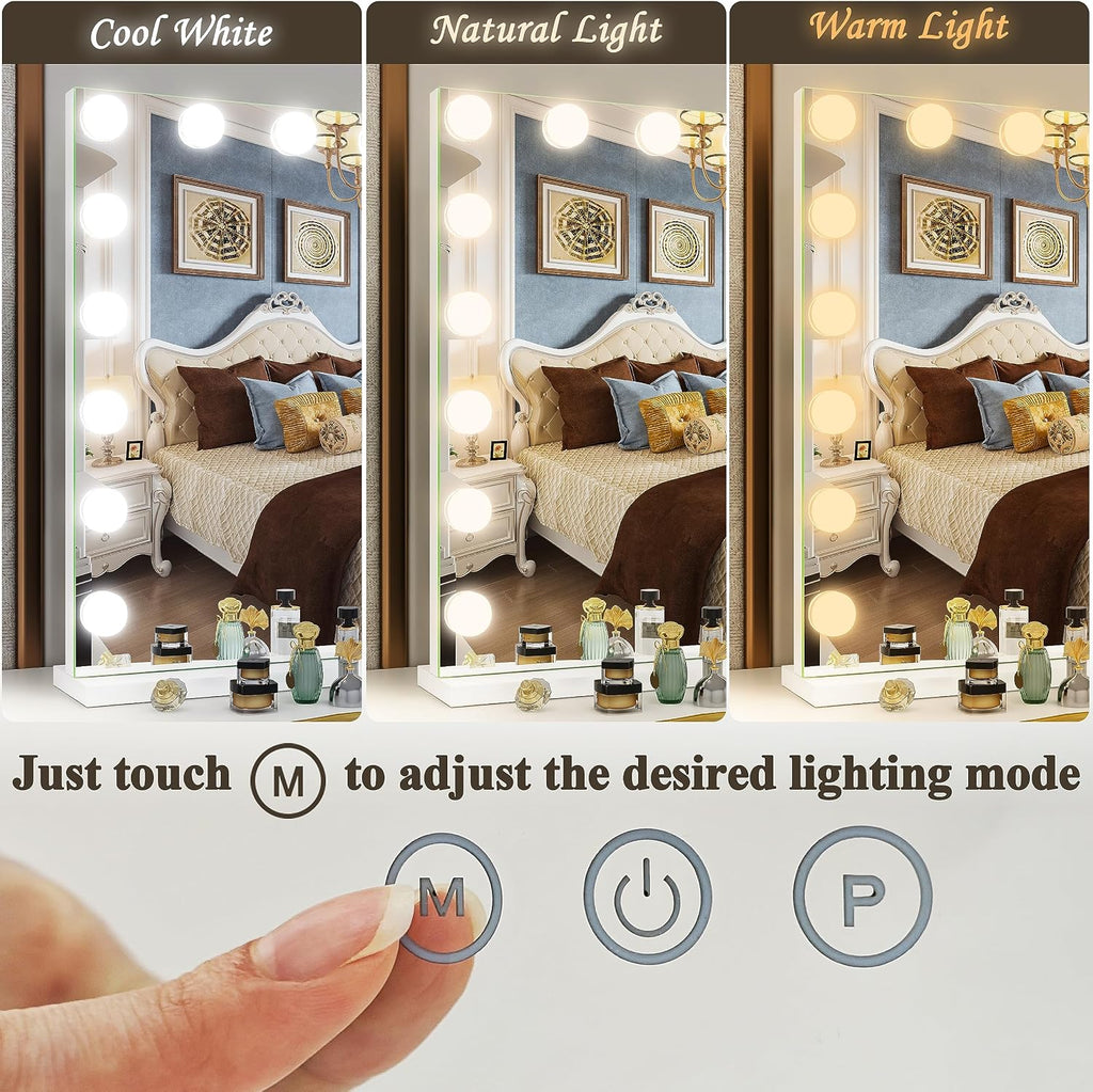 FENNIO Hollywood Vanity Mirror with Lights 32x24.5 Large Lighted Mirror Makeup Mirror with 18 Dimmable LED Bulbs and 10X Magnification 3Color Lighting USB Charging Port for Vanity Desk Tabletop