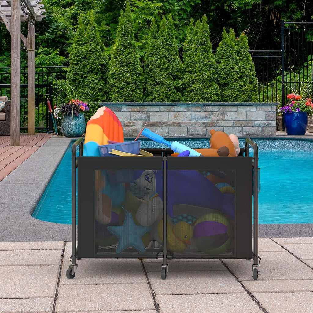 StorageWorks 210 Gallon Pool Float Storage, Mesh Pool Toy Storage Bin with Wheel and Side Pockets, Large Swimming Organizer, Outdoor Noodles Holder, Black